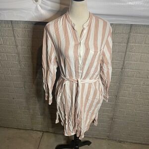 A New Day Women's Small Pink White Striped Linen Blend Shirt Dress Belted‎
